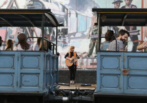 Liz Green performing next to MSI's steam train