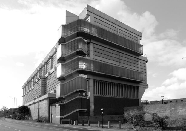 Brutalist building in black and white