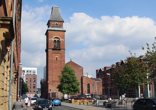 Image of Halle St Peters from across Cutting Room Square in Ancoats, Manchester.