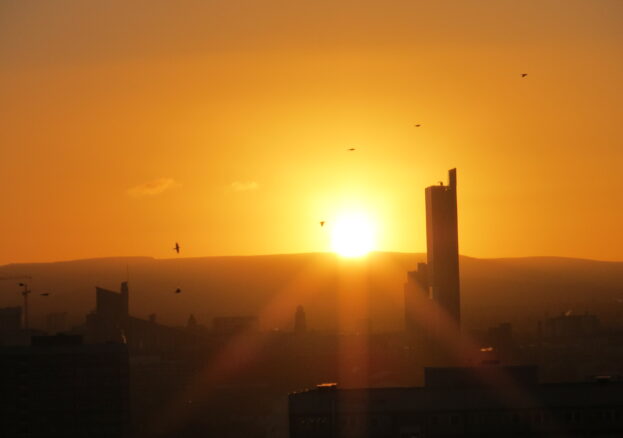 Manchester skyline at sunset