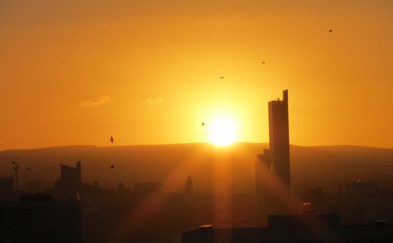 Manchester skyline at sunset