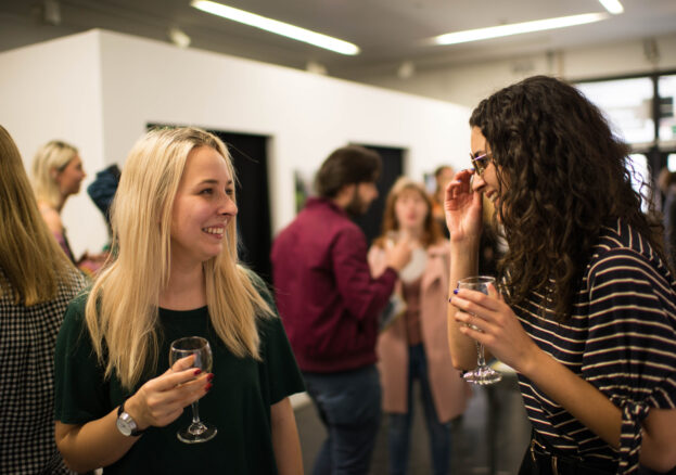 Two women talking at the Small Steps Festival launch