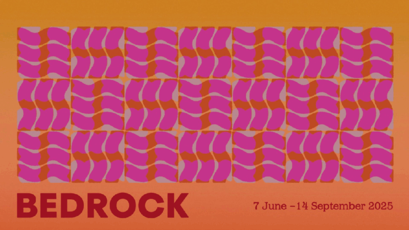 A grid of pink and cream waves laid on top of an orange gradient background. The text beneath the grid reads 'BEDROCK' alongside the LB2025 dates