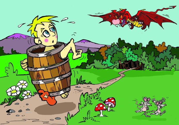 Dragon in the sky chasing a person in a barrel. Dragon who hates poetry event.