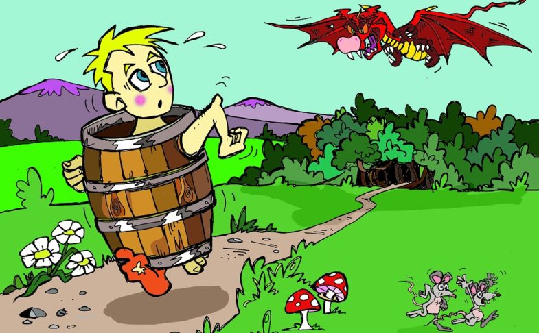Dragon in the sky chasing a person in a barrel. Dragon who hates poetry event.
