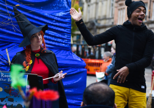 People in costume for storytelling sessions from Room on the Broom