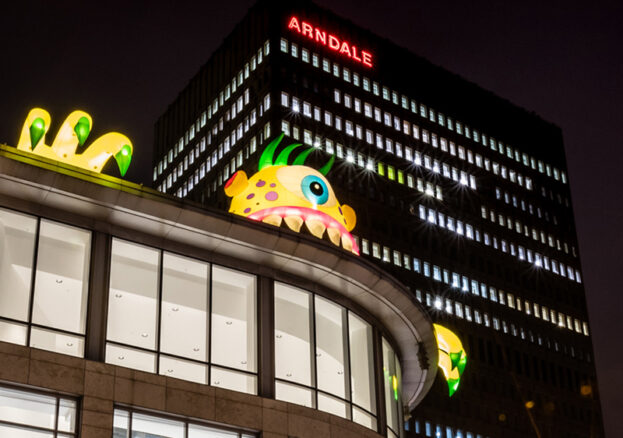 An inflatable monster shown on a roof as part of Monster Invasion: return of the monsters