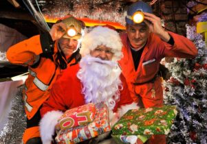 Santa and two miners for the Santa Undergound event