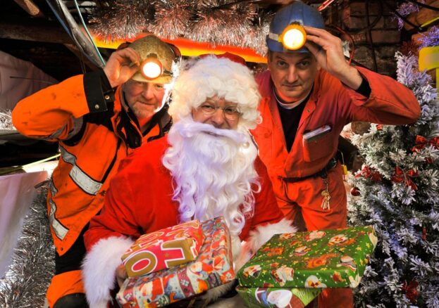 Santa and two miners for the Santa Undergound event