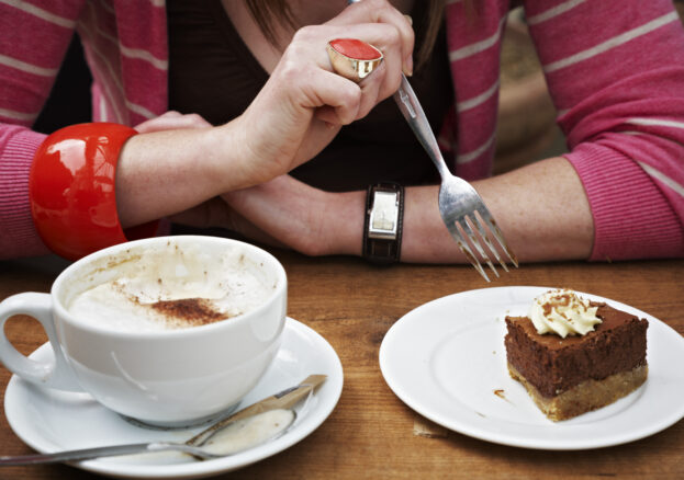 Mother's day afternoon tea, showing coffee and a slice of cake