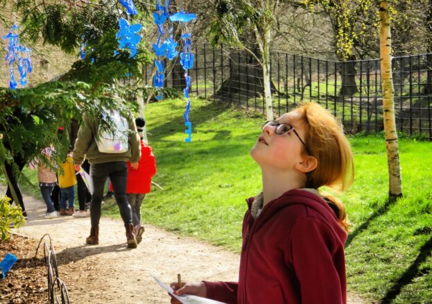 Boy looking up at a tree in the easter egg hunt