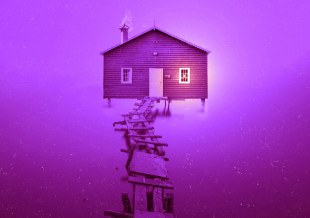 Dust - the outside of a house shown against a purple background