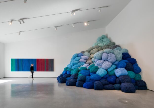 Installation of Sheila Hicks: Off Grid at The Hepworth Wakefield, 2022. Art works L-R: Peace Barrier, 2018; Ripe Rip, 2019; Nowhere To Go, 2022. Photo: Tom Bird / Courtesy: The Hepworth Wakefield
