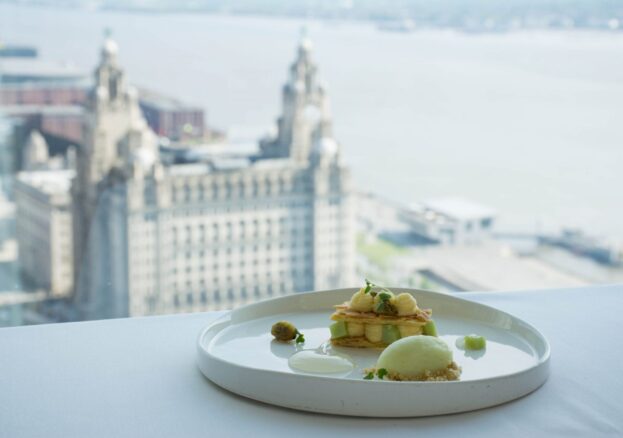 A table with a view of Liverpool at the fine dining restaurant Panoramic 34