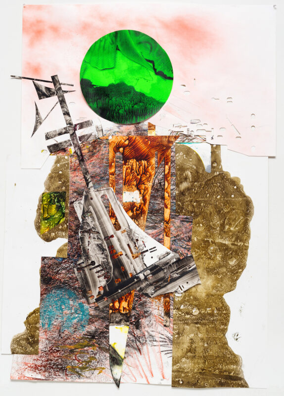 Khorramian_Guardian Green, 30x72, ink, oil, crayon, mylar, polypropylene, collage on watercolor paper, ink, oil, paper on polypropelene, 2016
