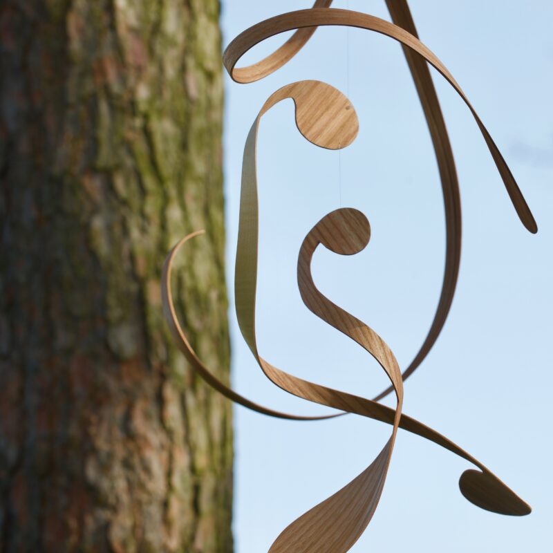 Image of 'Dovetailing', wooden shapes suspended from a tree
