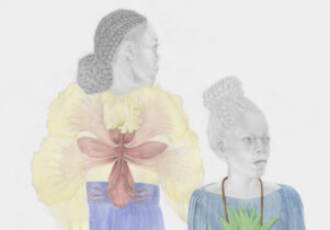 Matriarch, 2021 by Charmaine Watkiss, pencil drawing of two Black women wearing colourful tops