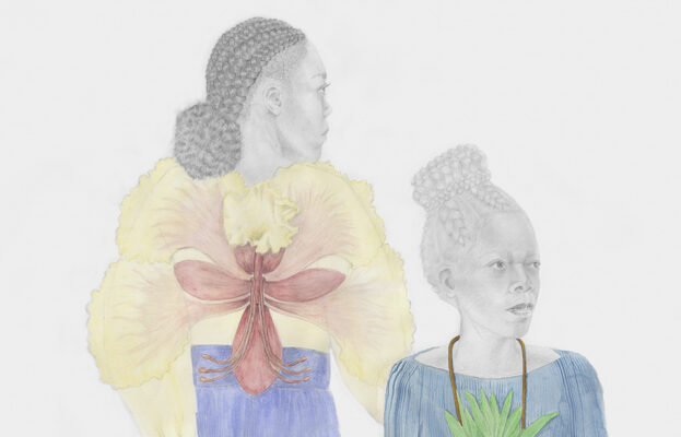 Matriarch, 2021 by Charmaine Watkiss, pencil drawing of two Black women wearing colourful tops