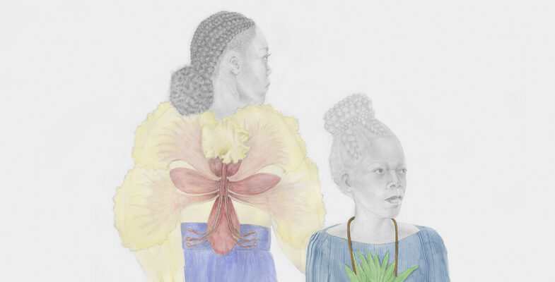 Matriarch, 2021 by Charmaine Watkiss, pencil drawing of two Black women wearing colourful tops