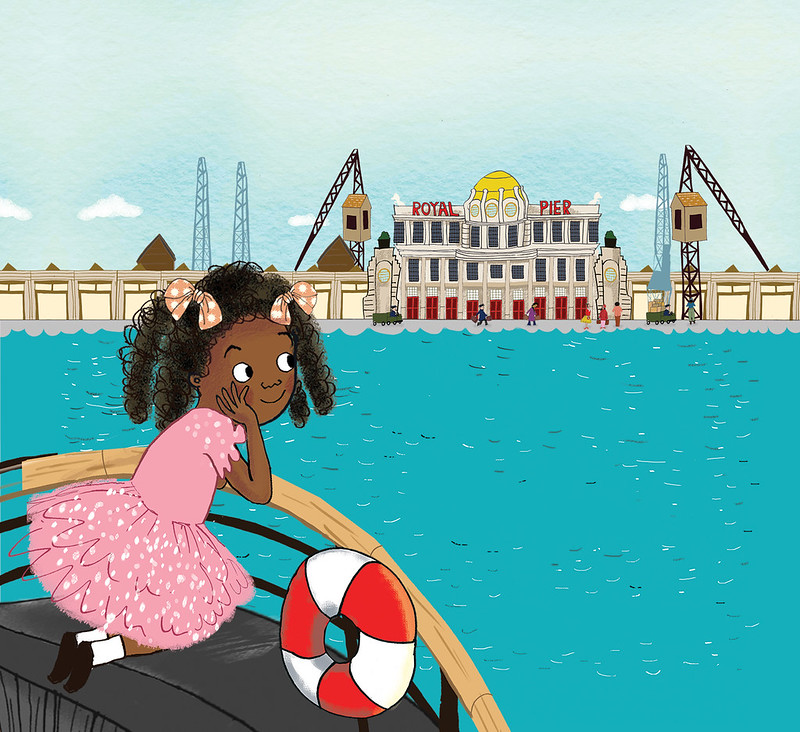 Illustration entitled Coming to England by Floella Benjamin showing a little Black girl sitting on the deck of a ship looking out at London