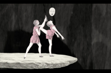 A still from the animation 'Hole' by Rachel Goodyear, depicting two hand-drawn female figures wearing pink dresses on a black background.