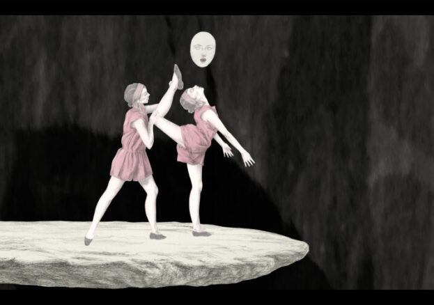 A still from the animation 'Hole' by Rachel Goodyear, depicting two hand-drawn female figures wearing pink dresses on a black background.