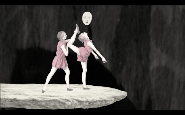 A still from the animation 'Hole' by Rachel Goodyear, depicting two hand-drawn female figures wearing pink dresses on a black background.