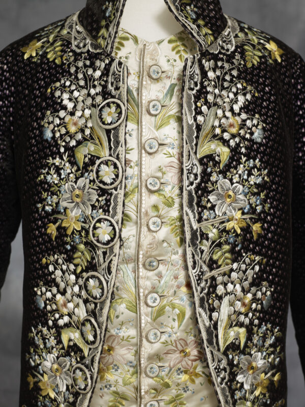 Detail of embroidered court suit, 1770-85. Manchester Art Gallery 1952.