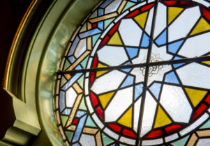 Stained glass window in Manchester Jewish Museum's 150 year old Spanish and Portuguese synagogue.