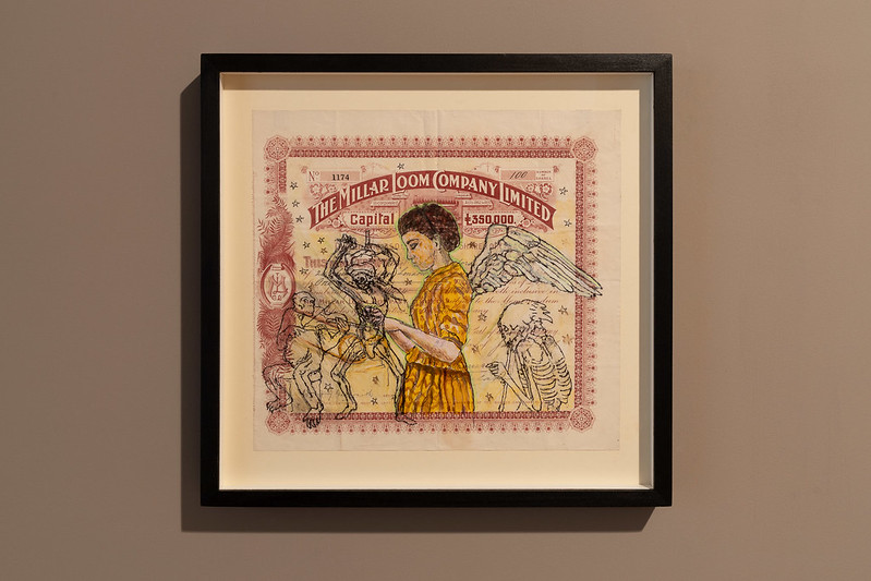 Hew Locke, The Millar Loom Compamy Ltd, 2022. Piece from Locke's 'Share' series, depicting an antique document painted over with an image of a winged woman. Image: Jules Lister