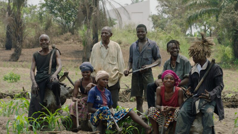 CATPC members (from left) Olele Mulela Mabamba, Huguette Kilembi, Mbuku Kimpala, Jeremie Mabiala, Jean Kawata, Irene Kanga, Ced’art Tamasala and Matthieu Kasiama, still from White Cube, Renzo Martens, © Human Activities, 2020