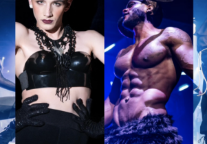 The Ball of Conspiracies at Manchester Academy. Four performers in separate images, all wearing dark clothing, and in striking poses. The first image is of somebody with long brown hair, sunglasses and a mesh bodysuit, she is in a squat position and is back lit. The second image is of a feminine, Caucasian appearing person, wearing makeup, black chain jewelry, a PVC bralette and gloves, she is looking at the camera with her hands on her hips. The 3rd picture is of a masculine appearing person with defined muscles. The 4th person is holding their dress out with dramatic energy, and is wearing black lipstick.