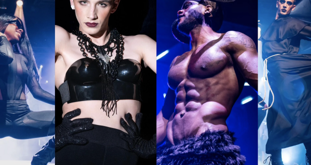 The Ball of Conspiracies at Manchester Academy. Four performers in separate images, all wearing dark clothing, and in striking poses. The first image is of somebody with long brown hair, sunglasses and a mesh bodysuit, she is in a squat position and is back lit. The second image is of a feminine, Caucasian appearing person, wearing makeup, black chain jewelry, a PVC bralette and gloves, she is looking at the camera with her hands on her hips. The 3rd picture is of a masculine appearing person with defined muscles. The 4th person is holding their dress out with dramatic energy, and is wearing black lipstick.