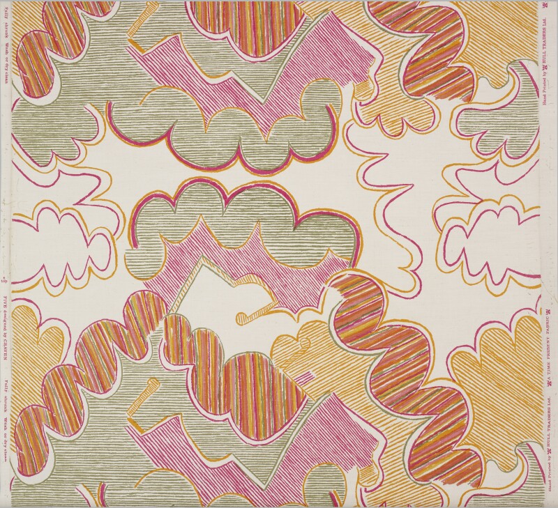 Close up of pink, yellow, green screen print design by Shirley Craven