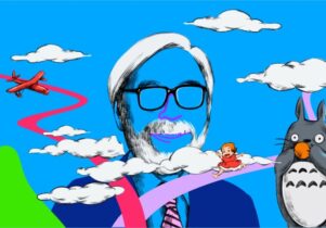 An illustration of director Hayao Miyazaki on a blue background