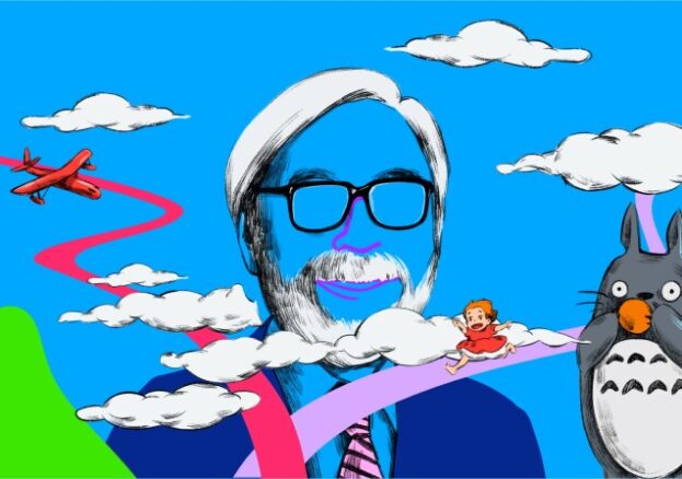 An illustration of director Hayao Miyazaki on a blue background