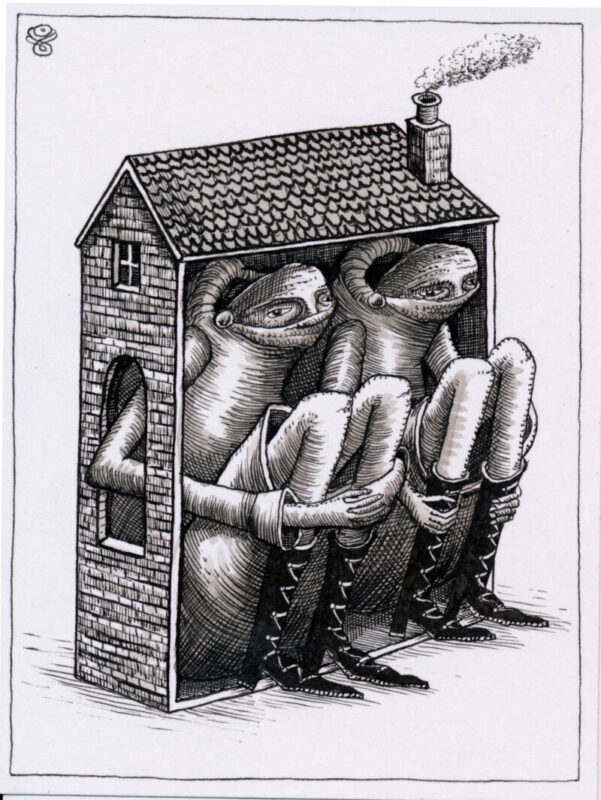 A pen and ink drawing of two human-like figures sitting inside a house exterior