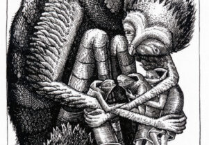A pen and ink drawing of a bird-like figure sitting down and hugging 3 human-like figures