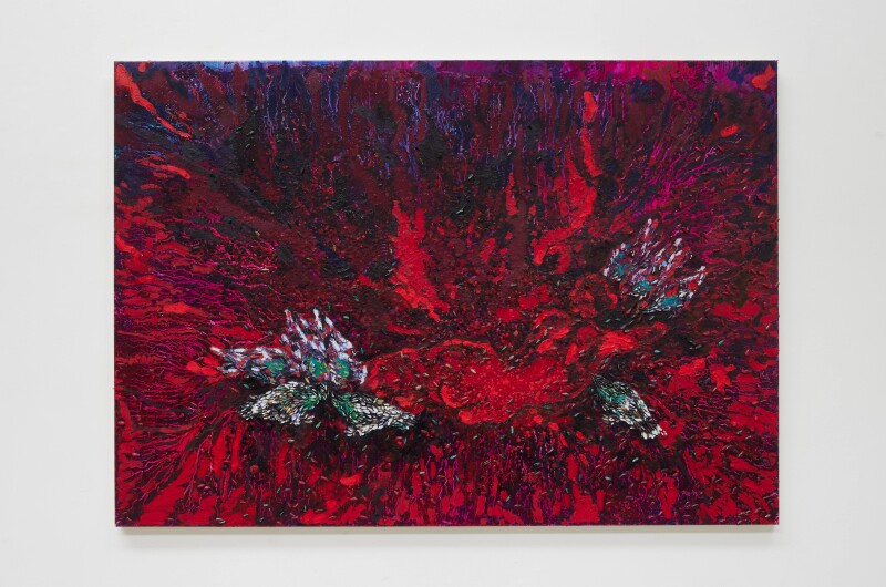 A textured painting with the naked figure of a woman lying on the floor. The figure is red and the background is abstract with red and purple strokes
