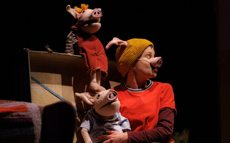 actor with pig puppets The Three Little Pigs at Waterside Arts