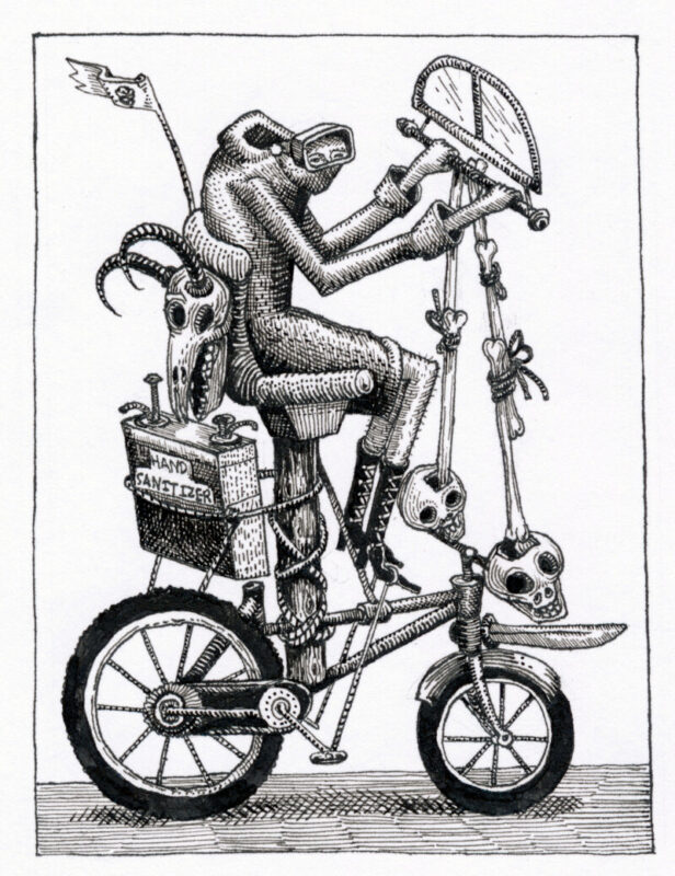 A pen and ink drawing of a human-like figure riding a modified bicycle with a box which has "hand sanitiser" printed on it;