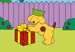 Spot's Birthday Party at Leeds Playhouse. ALT TEXT: The illustration of a dog with a green birthday crown and a red gift.