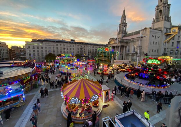A selection of rides and attractions on Millennium Square including the carousel and the dodgers. Leeds Valentine's Fair