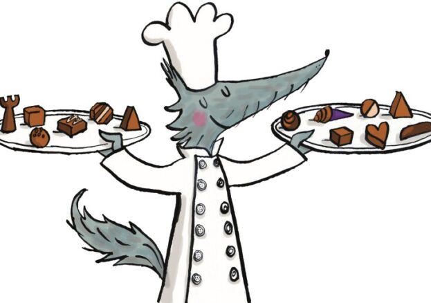 A cartoon wolf in a chef's outfit carries trays of chocolate Stoller Story Sounds: the chocolate wolf