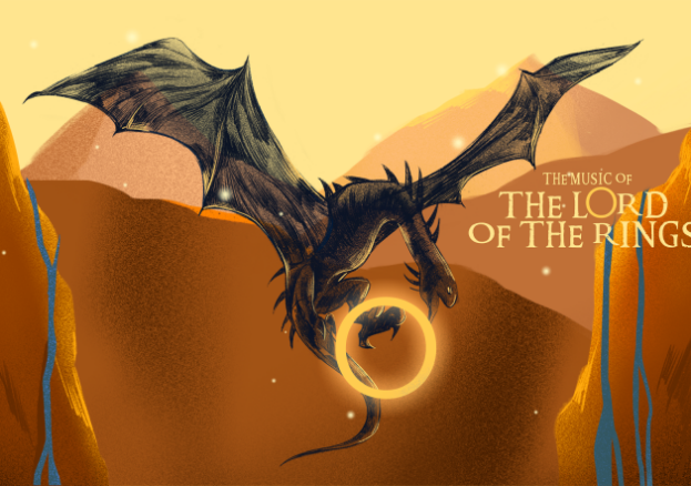 An illustration of a dragon. Text reads; The Music of The Lord of the Rings