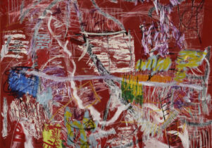 An abstract painting with white and colourful marks on a red canvas