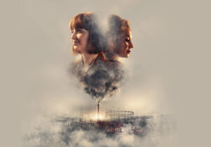 An Image featuring headshots of two people both looking in opposite directions, they are above a factory. The sky is full of pollution and you can just make out the buildings at the bottom. A Taste of Honey at the Royal Exchange Theatre