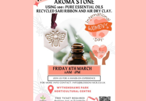 Poster for Blossom's International Women's Day activity. A picture of a stone with a bee and an oil bottle.