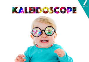 Kaleidoscope at Z-arts Image of baby wearing kaleidoscope glasses and the words 