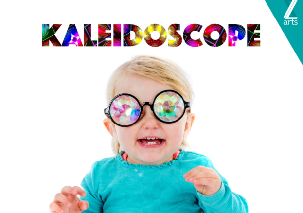 Kaleidoscope at Z-arts Image of baby wearing kaleidoscope glasses and the words